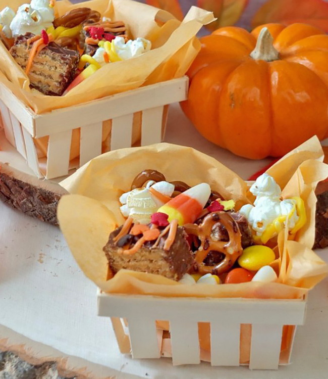 nutty buddy wafer bars with fall candies, popcorn and chocolate drizzle