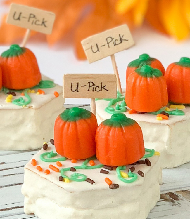 party cakes decorated with fall candies