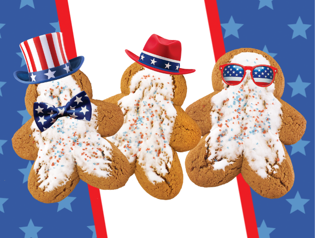 three red, white and blue gingerbread cookies with festive hats and fl