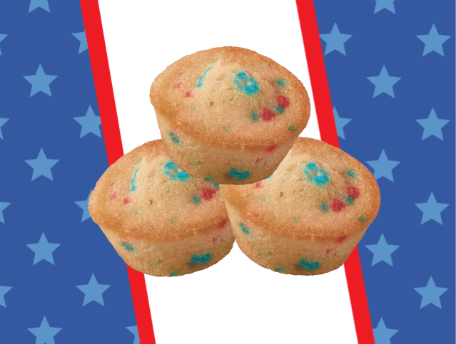 three red, white and blue mini muffins on a striped with star background