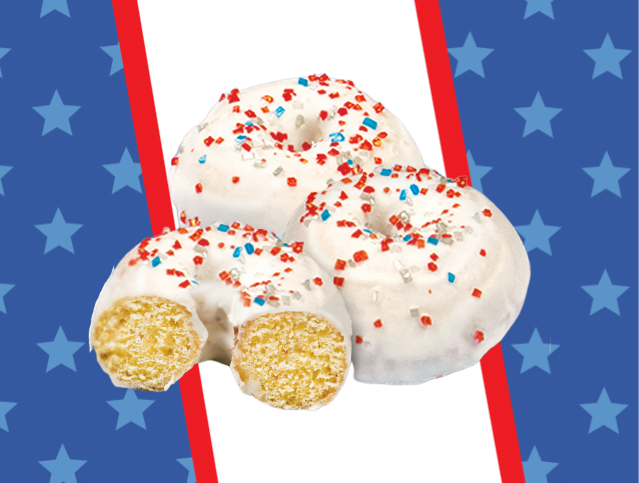 three red, white and blue mini donuts