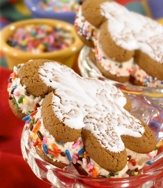 gingerbread cookie ice cream sandwiches with colorful sprinkles