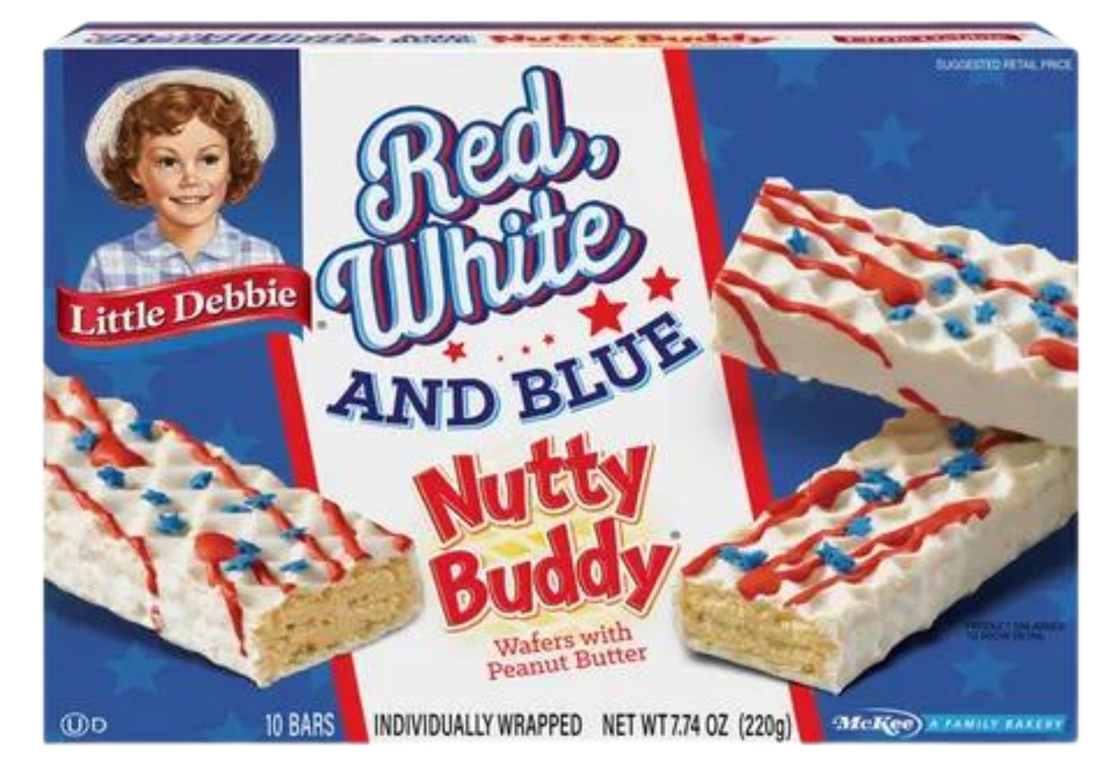 A box of red , white and blue nutty buddy bars.