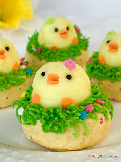 easter mini donuts topped with baby chick candies
