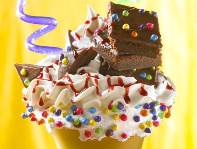 A brownie sundae with whipped cream and sprinkles