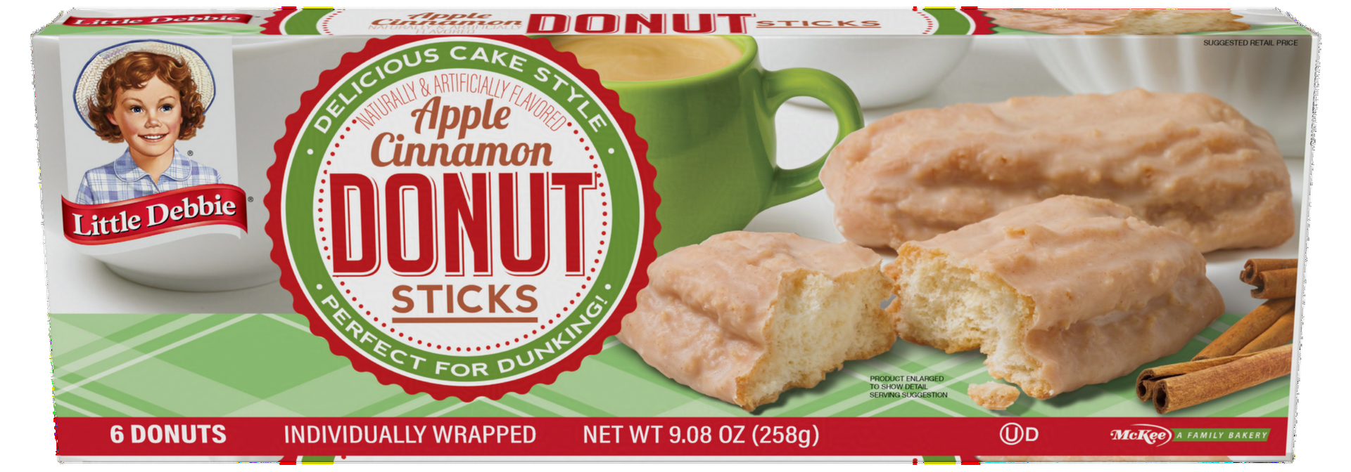 A box of apple cinnamon donut sticks with a green apple in the background.