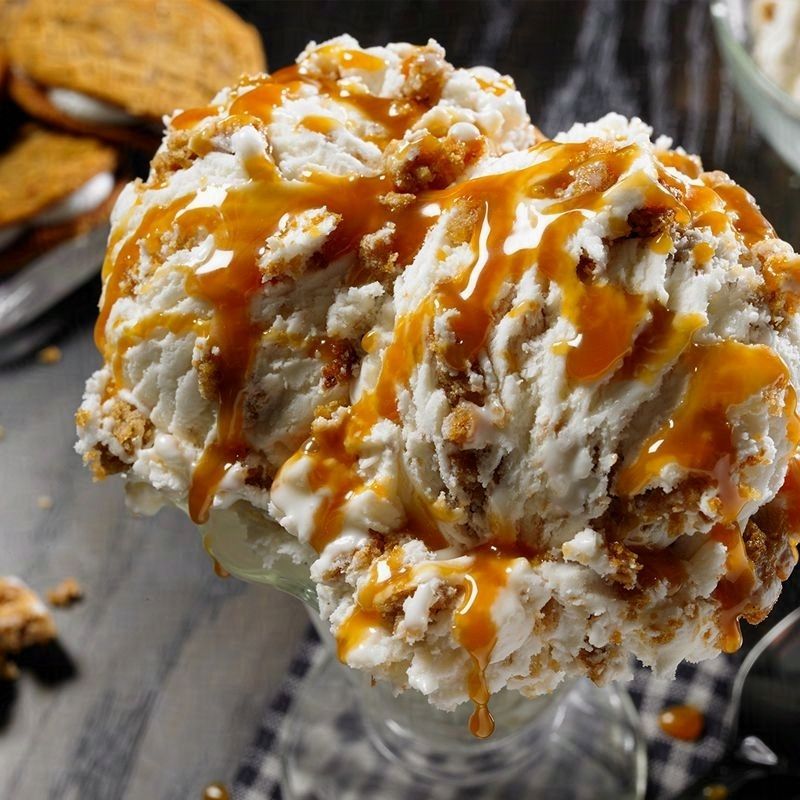 A bowl of ice cream with caramel sauce on top