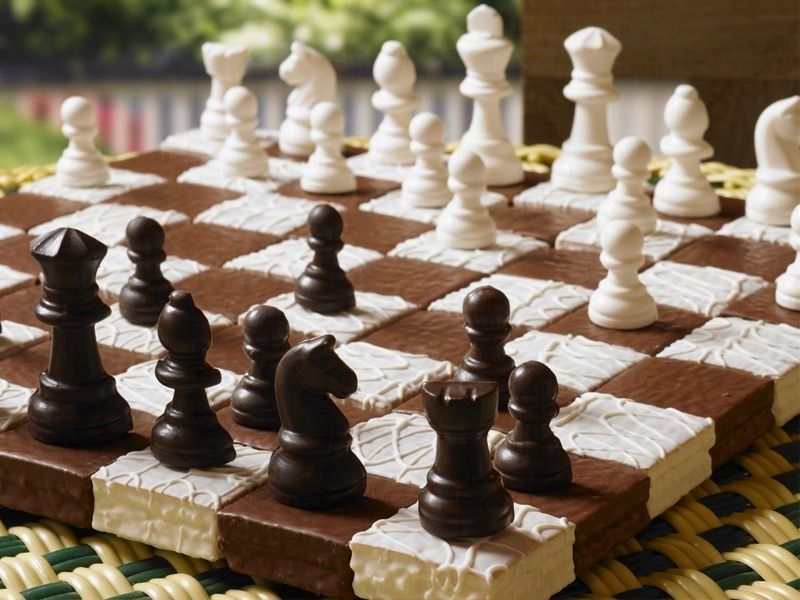 A chocolate chess board with white pieces on it