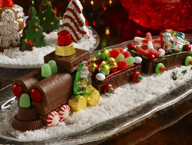 A christmas train made out of chocolate and candy on a plate.