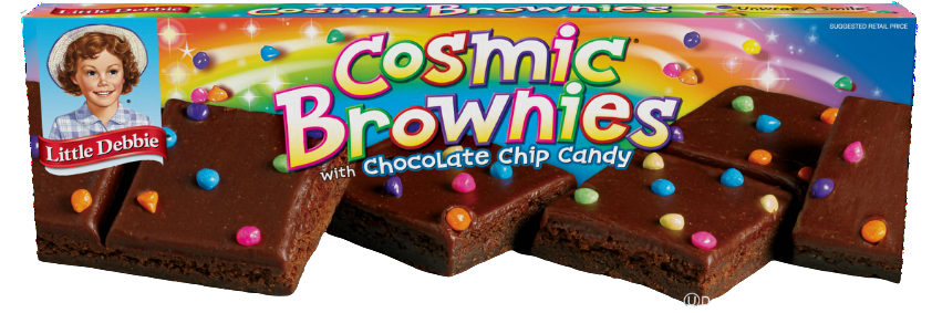 a box of cosmic brownies with chocolate chip candy