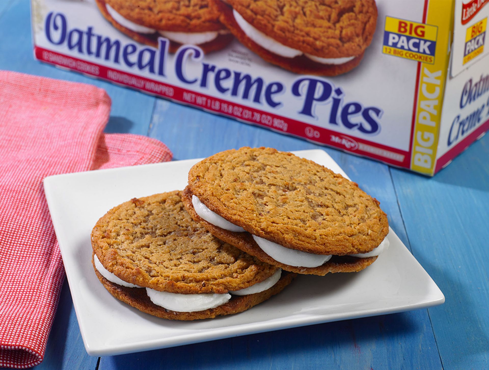 A box of oatmeal creme pies sits on a table