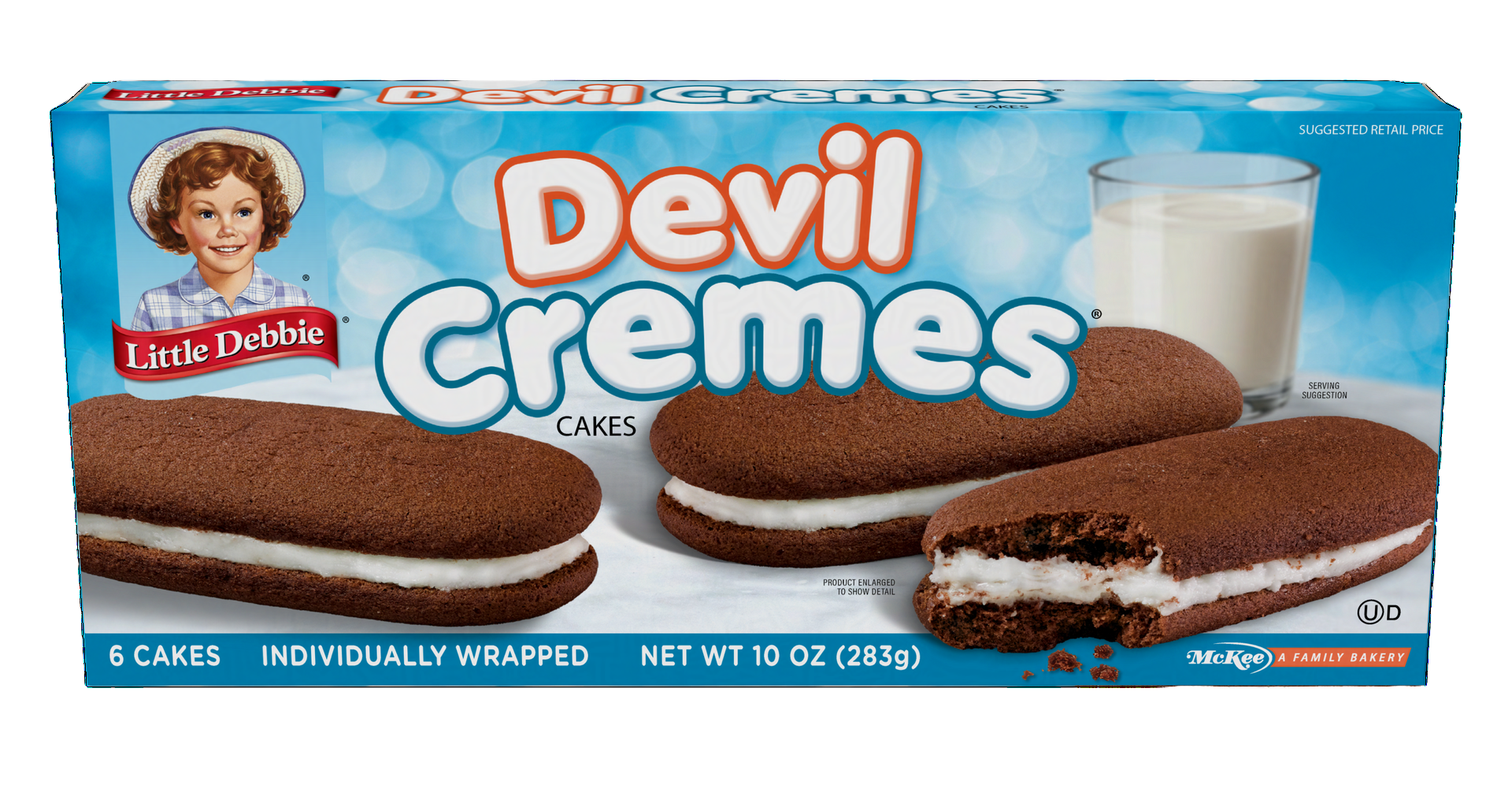 A box of devil cremes cookies with a glass of milk in the background.