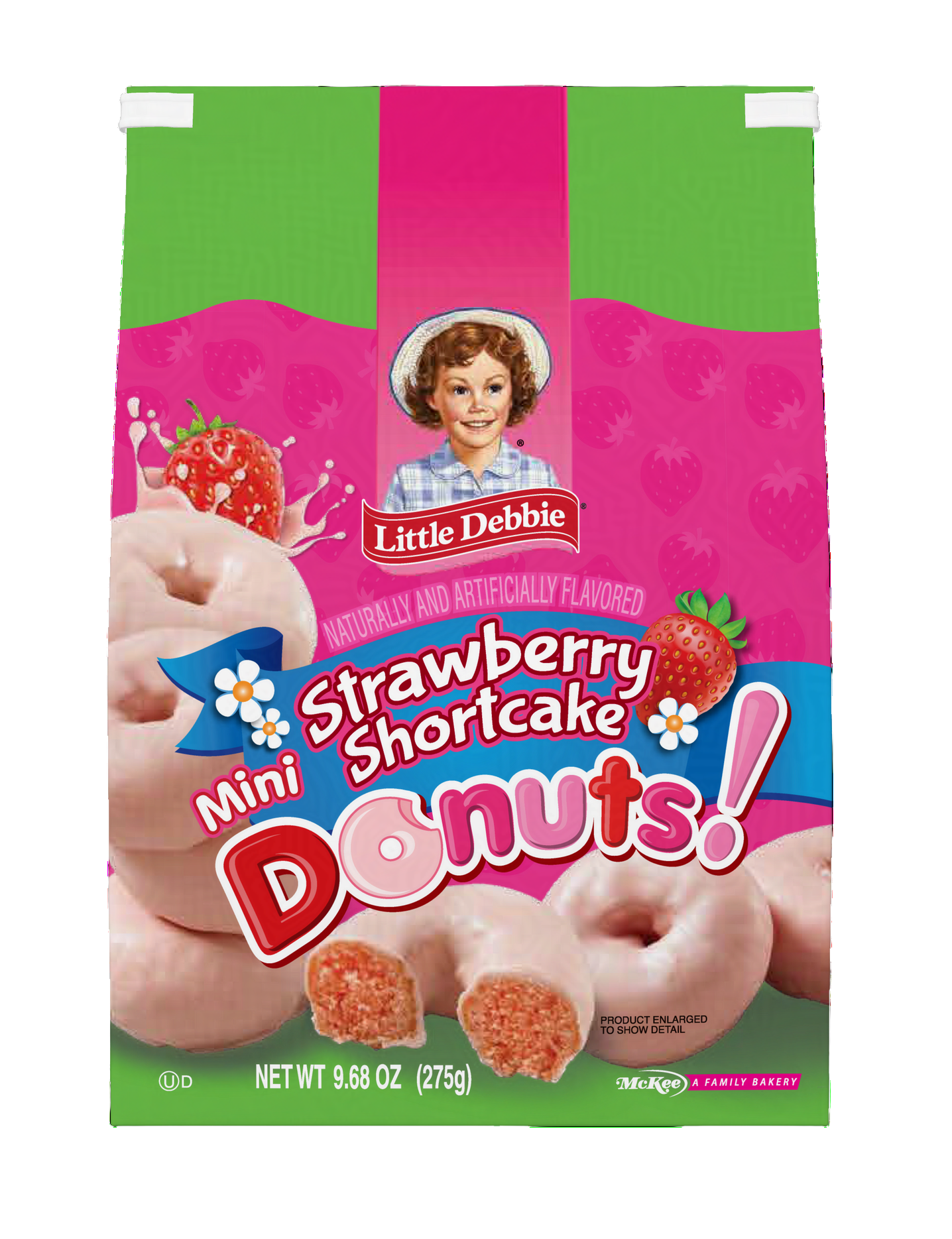 A box of strawberry donuts with a woman on the label.