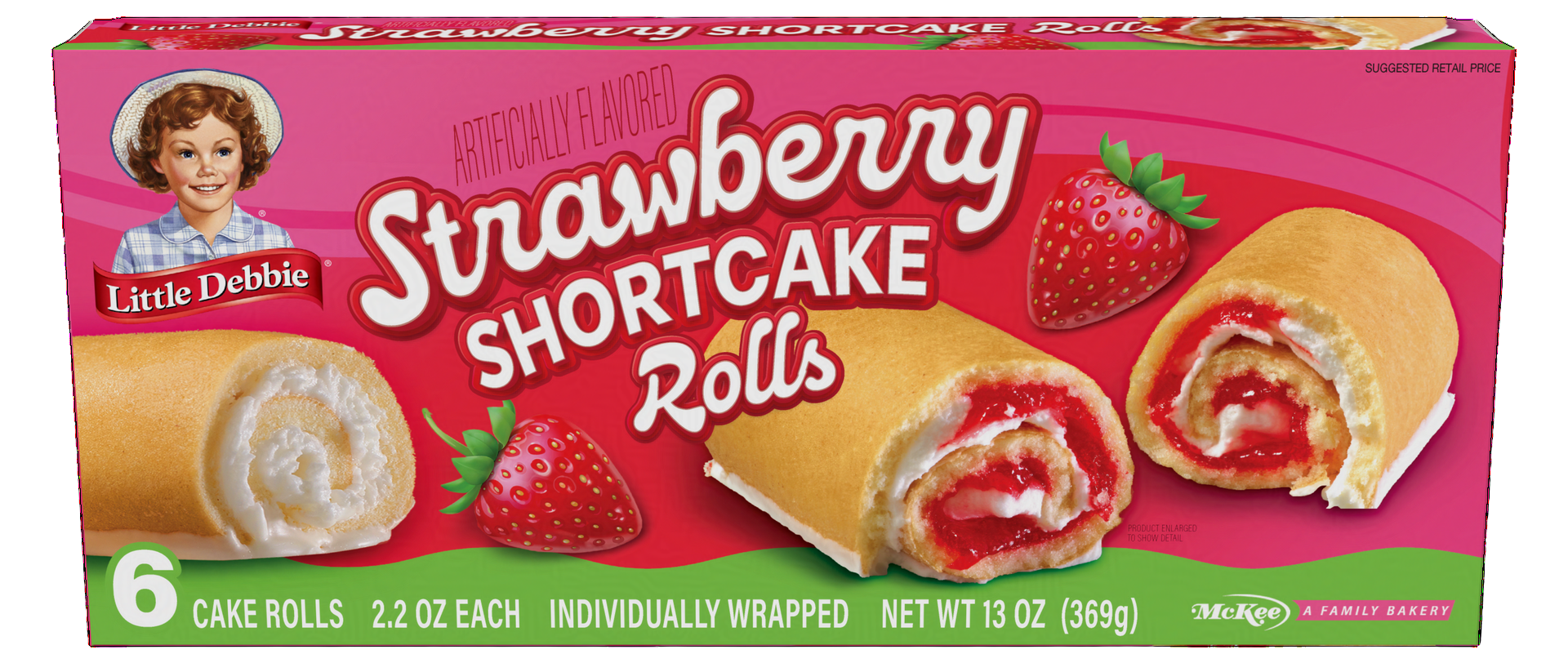 A box of strawberry shortcake rolls on a white background.