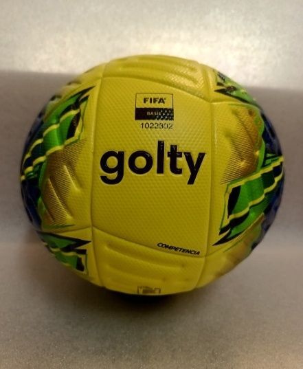 Balón de fútbol amarillo con detalles verdes y la marca 