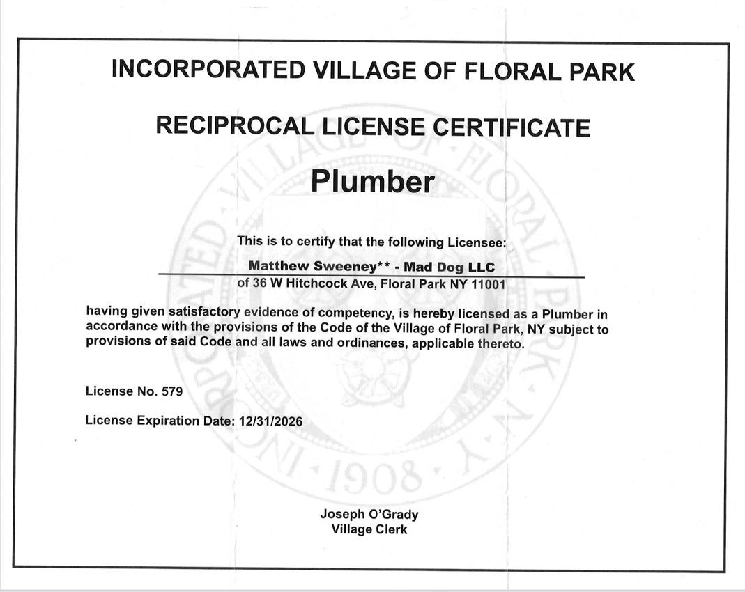 Master Plumber License Certificate for Matthew Sweeney, Mad Dog LLC -- Floral Park New York