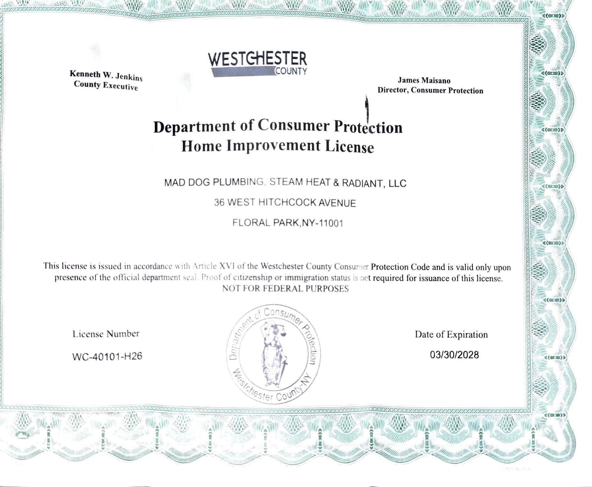 Westchester County New York Home Improvement Plumber &Contractor license for Westchester Home Improvements.  Matt Sweeney | Mad Dog Plumbing LLC is Approved in Westchester County NY License WC-40101-H26