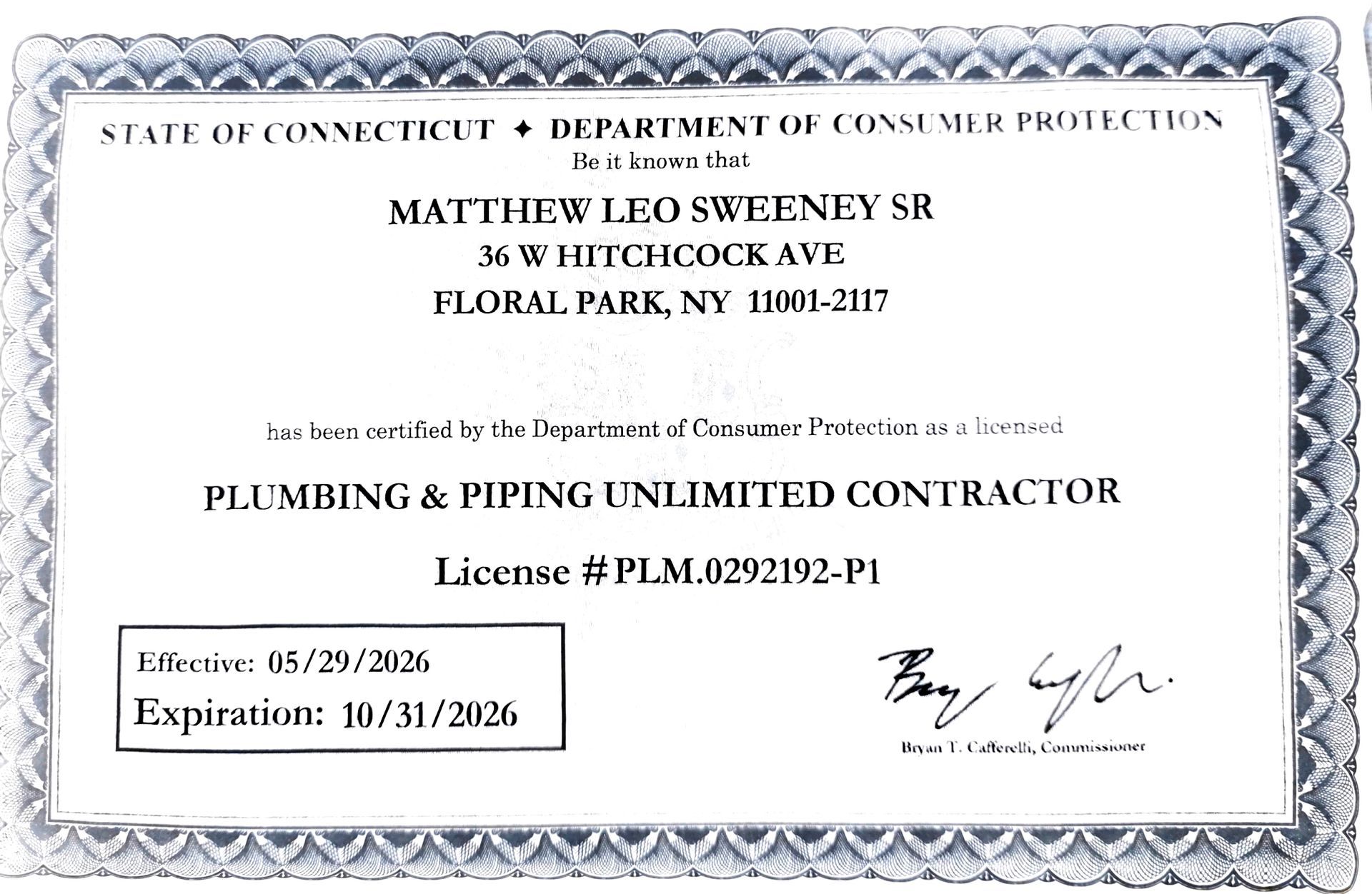 Connecticut State Plumber and Contractor license for Unlimited Plumbing and Piping.  Matt Sweeney | Mad Dog Plumbing LLC is Approved Steam Heat and Radiant Heat Plumbing and Piping, Gas Furnace Plumbing and Piping in all Connecticut Counties.