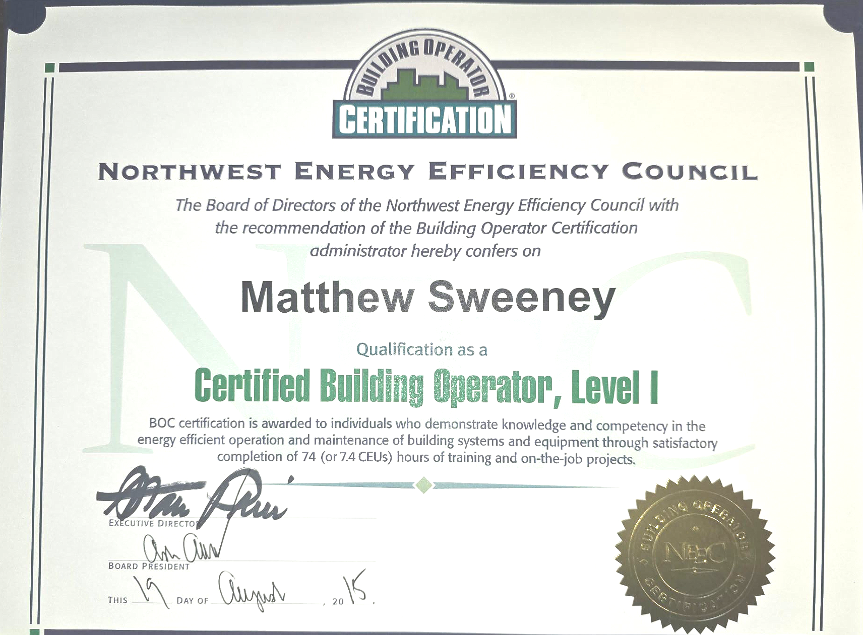New York Building Certification - Northwest Energy Efficiency Council for Building Systems, Maintenance and Operation - Matthew Matt Sweeney Floral Park