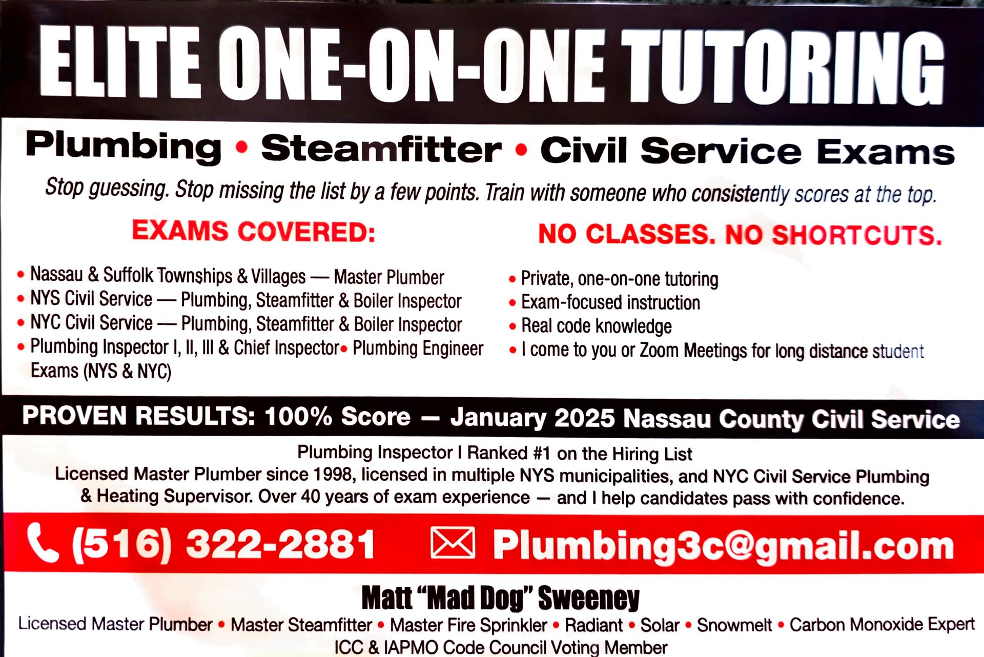 Expert tutoring is available for NYC Plumber's Helper and all plumbing Civil Service exams and testing