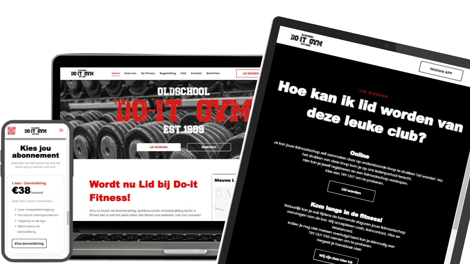 Een laptop, tablet en mobiele telefoon tonen een website voor een sportschool.