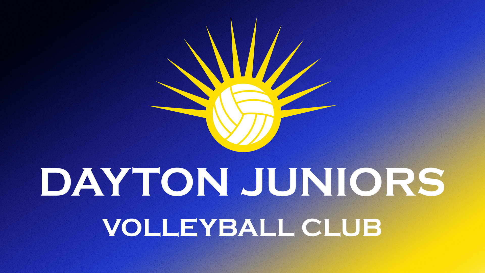 Dayton Juniors Volleyball Club logo on blue gradient with yellow sun and volleyball.
