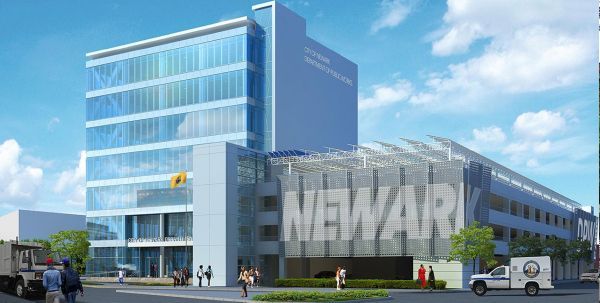 Modern glass building in Newark with large 