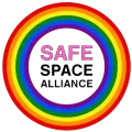 Rainbow logo with “SAFE SPACE ALLIANCE” in pink, black, and white text inside colorful concentric circles