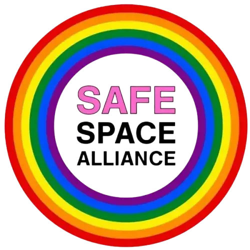 Rainbow logo with “SAFE SPACE ALLIANCE” in pink, black, and white text inside colorful concentric circles