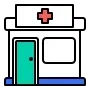 Clinic building with red cross sign and teal door