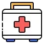 White first aid kit with a red cross and tan handle