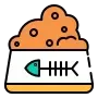 Cartoon bakery icon: an orange pastry above a wrapped snack bar with a teal arrow.