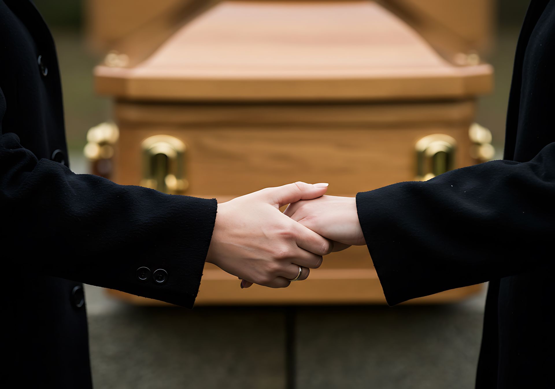 Closeup to supportive hands in a funeral with blurred casket in the background.