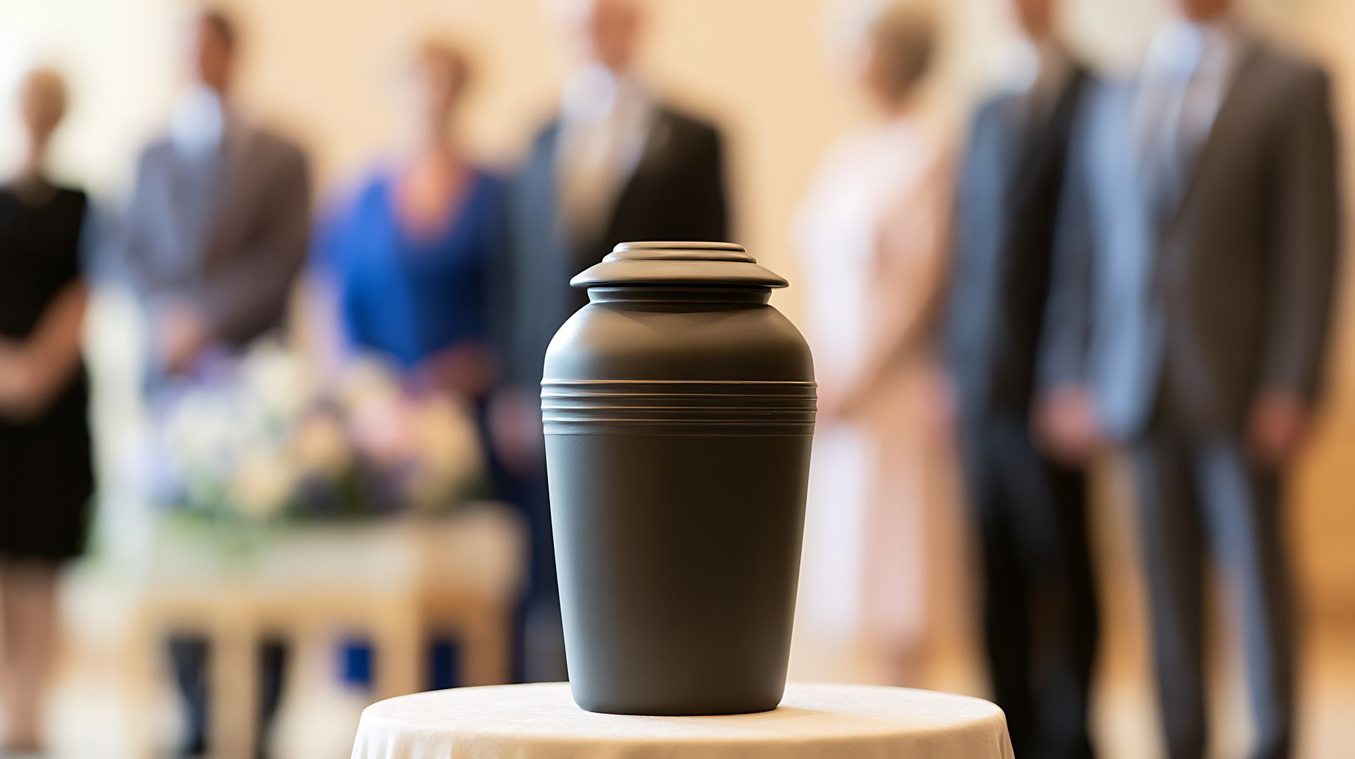 Close view of a cremation urn on a pedestal with mourning family members blurred in the background.