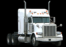 White semi-truck tractor with chrome grille and twin exhaust stacks on a black background