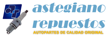 Logo de Astegiano Repuestos con bujía y texto azul y naranja sobre fondo blanco