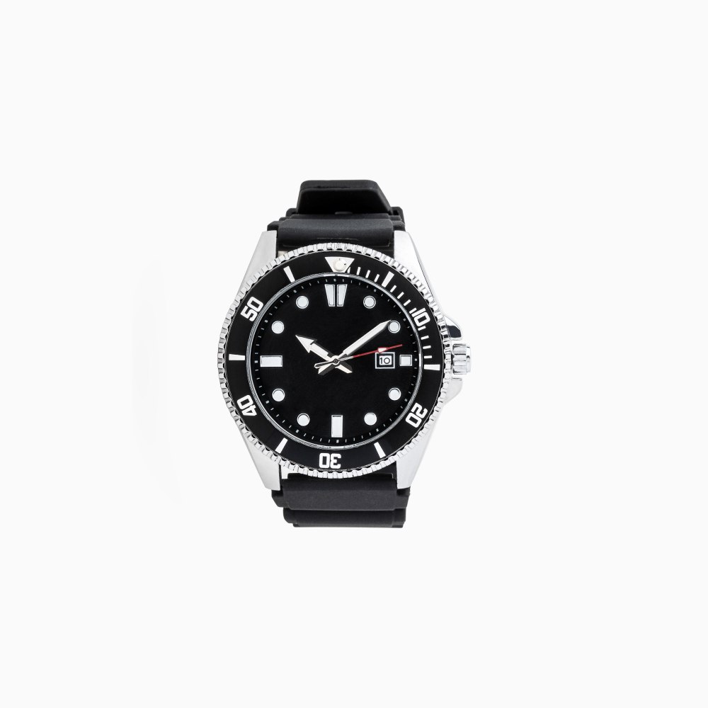Silver wristwatch with black face and bezel, black leather band.