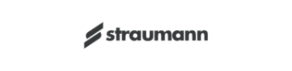 Straumann logo: Dark gray angled shapes next to the word