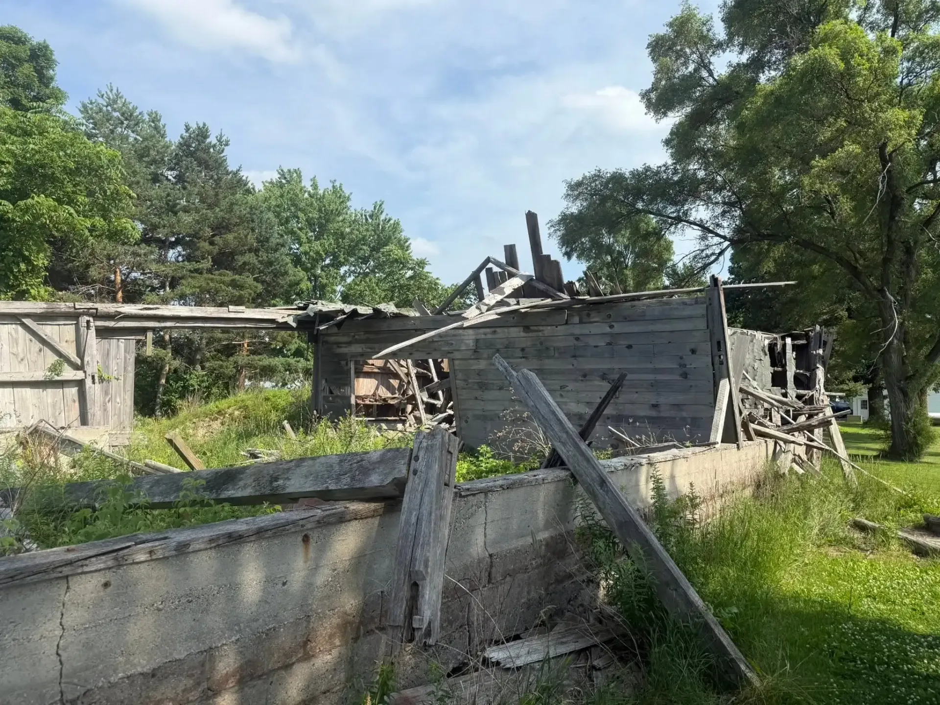 Collapsed wooden shed in a grassy yard, with a broken fence and trees in the background.
