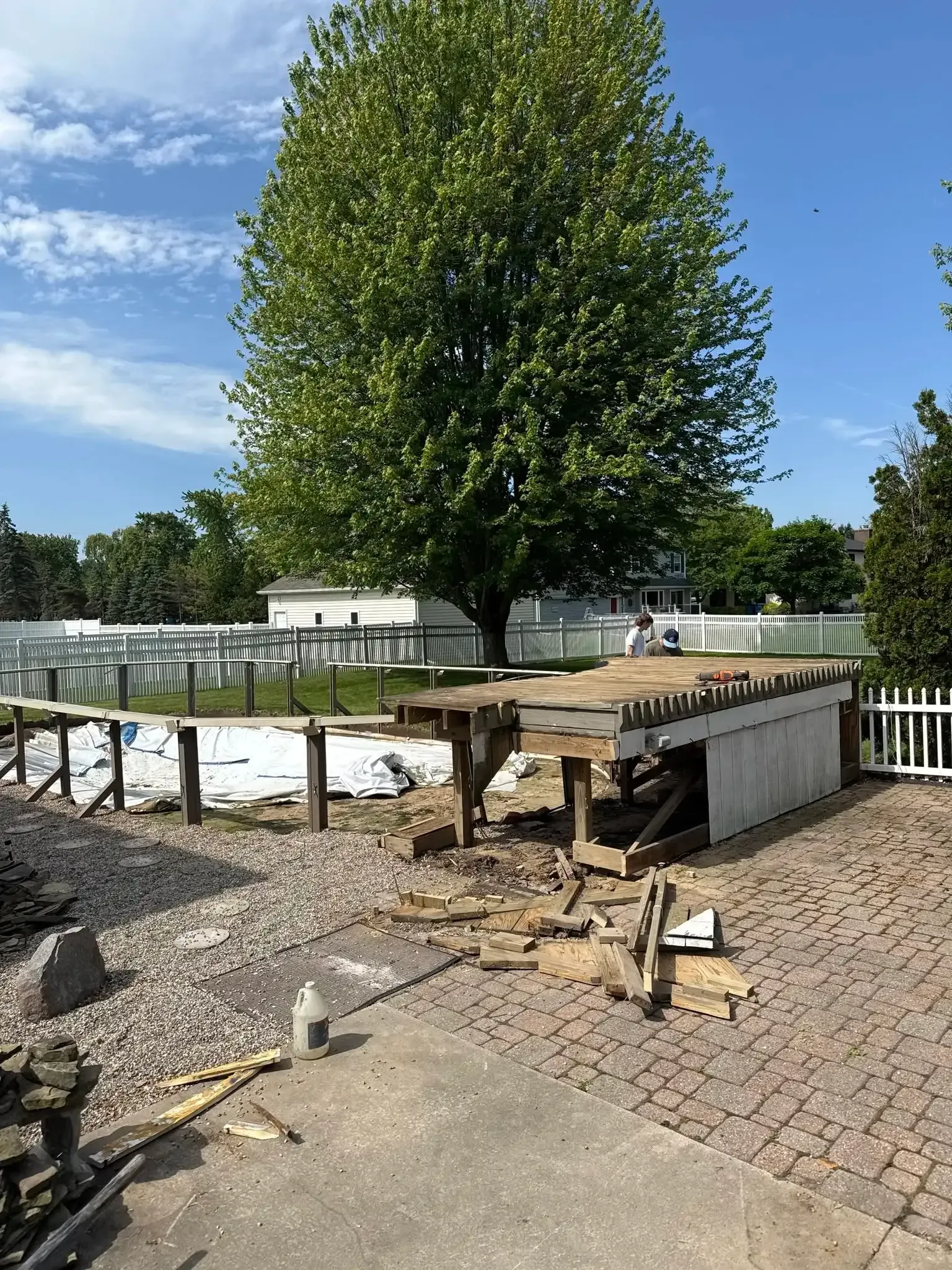 Backyard with a large tree, patio area, and partially built wooden deck under a blue sky