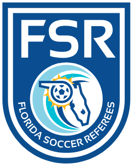FSR Florida Soccer Referees blue shield logo with a soccer ball and whistle