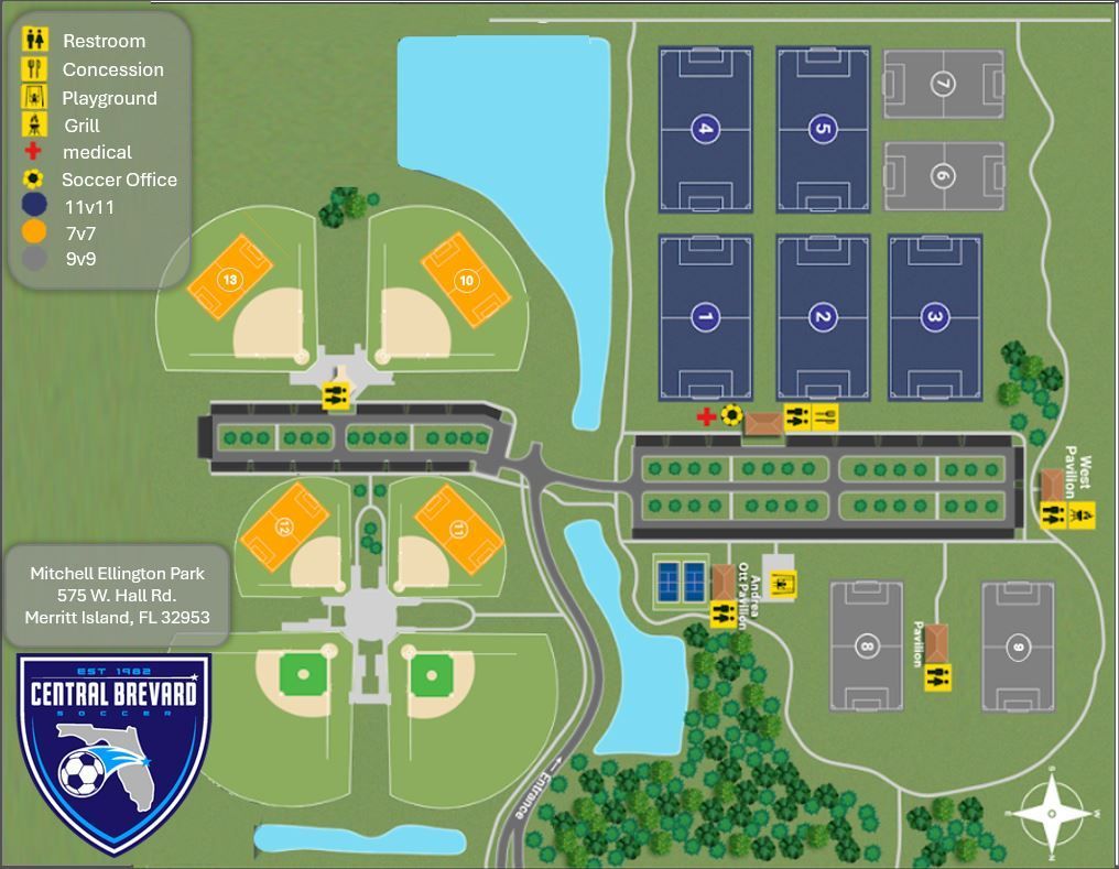 Top-down map of a campus with roads, buildings, green spaces, and a central courtyard; label reads “Godfrey Hall”