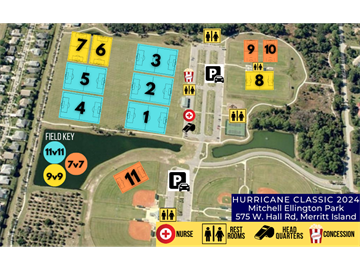 Aerial map of Mitchell Dog Park at Hurricane Classic 2024 with color-coded fields, parking, and amenities.