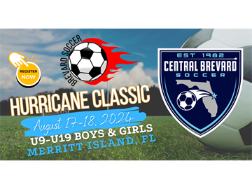Hurricane Classic soccer tournament banner with soccer ball, flames, and Central Brevard Soccer shield logo.