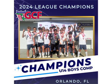 2024 league champions poster with a youth soccer team celebrating in a gym, “CHAMPIONS” and GCF branding