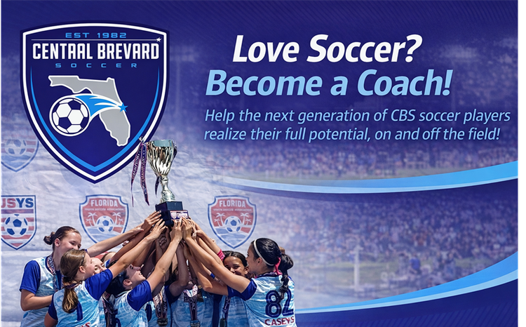 Central Brevard soccer coach recruitment banner with trophy-holding players and blue team crest