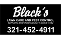 Black’s Lawn Care and Pest Control logo with phone number 321-452-4911 on black background