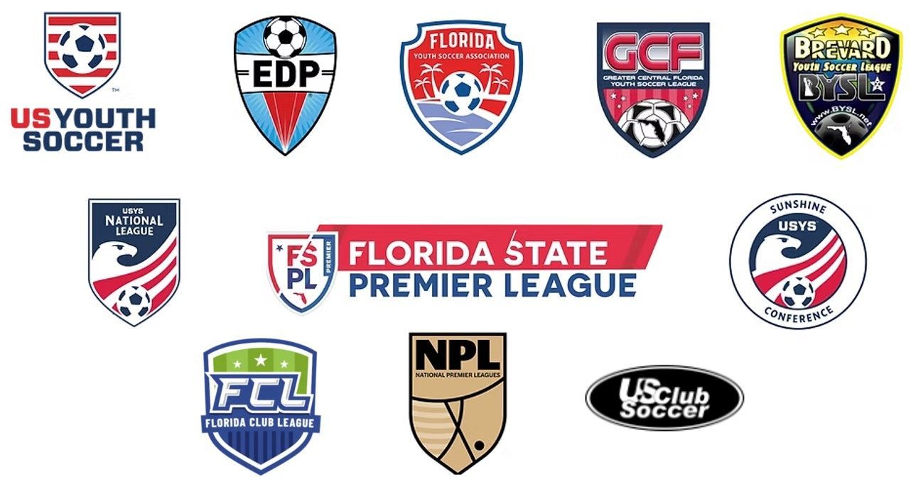 Various Florida youth soccer league logos, including Florida State Premier League and US Youth Soccer.