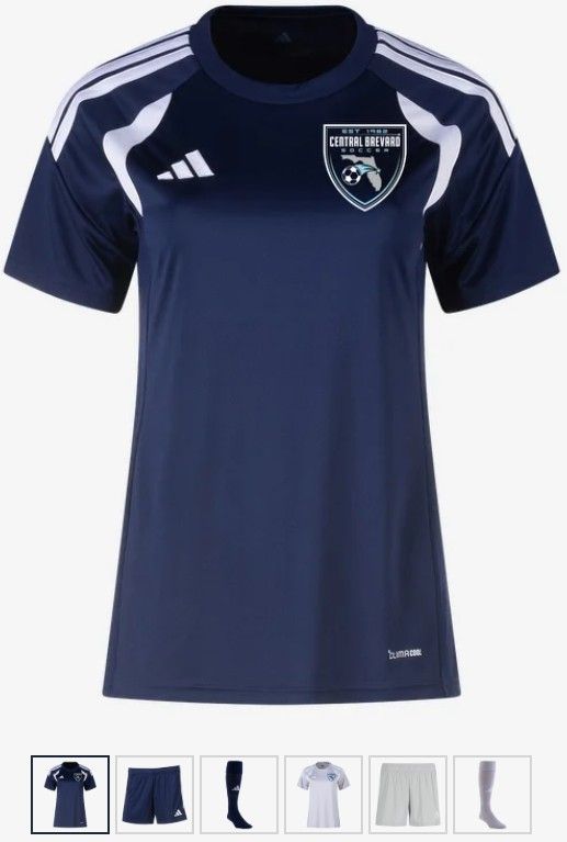 Online store product grid showing blue and white shirts, a top, shorts, and a cap with prices.