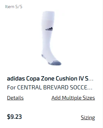 White Adidas Copa Zone Cushion IV soccer sock listed for Central Brevard Soccer, $9.23